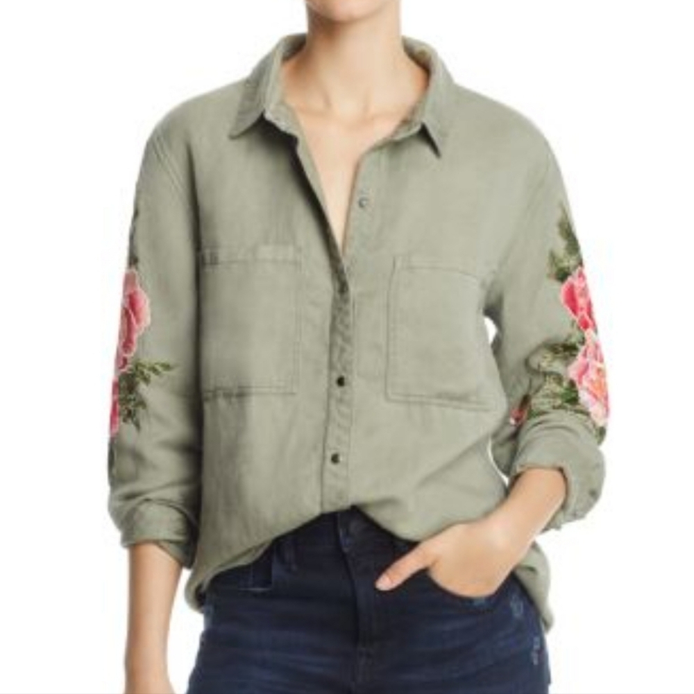 Rails Olive Green Shirt with Pink Floral Accents